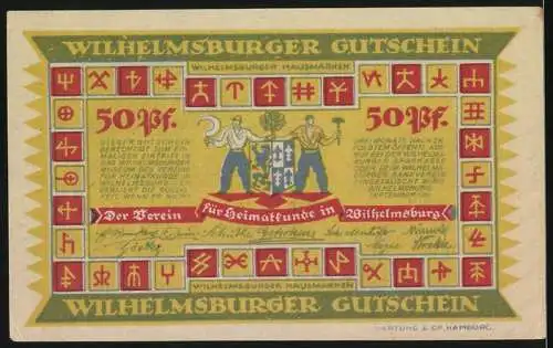 Notgeld Hamburg, 1921, 50 Pfennig, farbige Karte von Hamburg mit Stadtteilen und Wilhelmsburger Gutschein