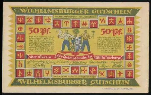 Notgeld Wilhelmsburg, 50 Pf, Gutschein mit Hausmarken und Weltverkehrskarte, Der Verein für Heimatkunde in Wilhelmsburg