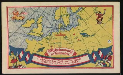 Notgeld Wilhelmsburg, 50 Pf, Gutschein mit Hausmarken und Weltverkehrskarte, Der Verein für Heimatkunde in Wilhelmsburg