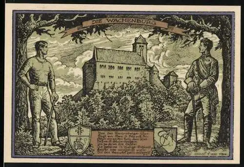 Notgeld Weinheim, 1921, 2 Mark, Vorderseite zeigt die Wachenburg, Gedenkschein gefallene Mitglieder Turnverein Weinheim