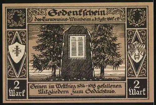 Notgeld Weinheim, 1921, 2 Mark, Vorderseite zeigt die Wachenburg, Gedenkschein gefallene Mitglieder Turnverein Weinheim