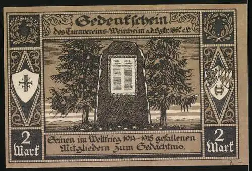 Notgeld Weinheim, 1921, 2 Mark, Burg Windeck und Gedenkstein für gefallene Mitglieder des Turnverein's 1914-1918