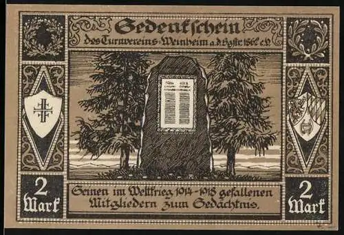 Notgeld Weinheim, 1921, 2 Mark, Gedenkschein des Turnvereins mit Weinlese-Motiv auf der Rückseite