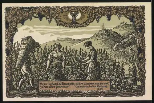 Notgeld Weinheim, 1921, 2 Mark, Gedenkschein des Turnvereins mit Weinlese-Motiv auf der Rückseite