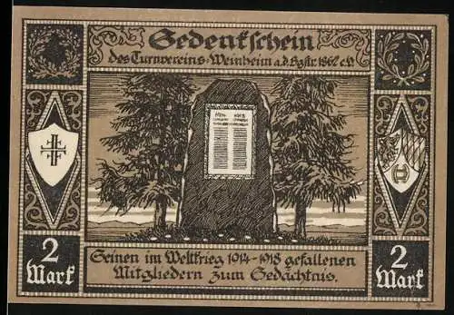 Notgeld Weinheim a.d. Bergstrasse, 2 Mark, Gedenkschein des Turnvereins für im Weltkrieg 1914-1918 gefallene Mitglieder