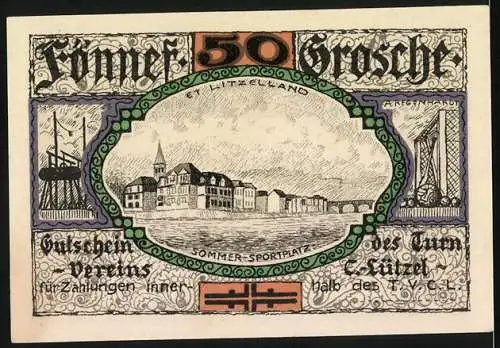 Notgeld Lützel, 50 Pfennig, Läufer und Stadtansicht, Gutschein des Turnvereins T.V.C. Lützel