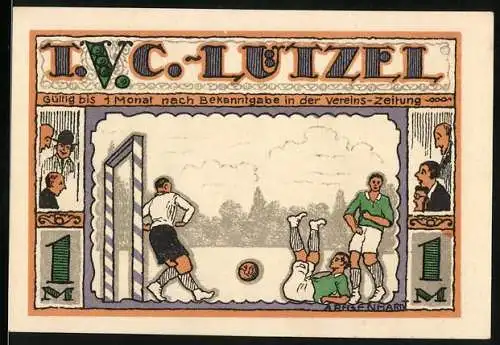Notgeld Lützel 1921, 100 Pfennig, Turnverein T.V.C. Lützel, Fussballspiel und Gebäudeabbildungen