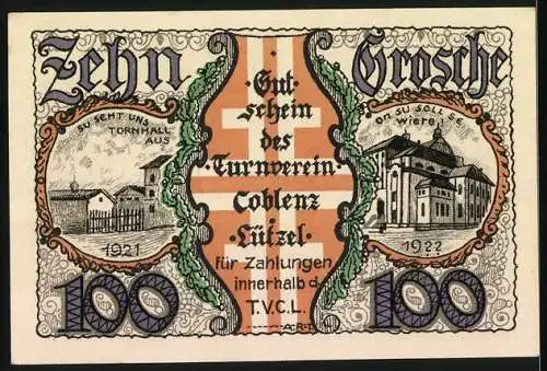 Notgeld Lützel 1921, 100 Pfennig, Turnverein T.V.C. Lützel, Fussballspiel und Gebäudeabbildungen