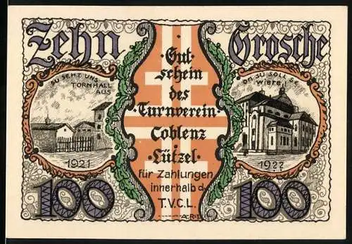 Notgeld Lützel, 1921, 100 Pfennig, Gutschein des Turnverein T.V.C. Lützel mit Sportmotiven und Vereinsgebäude