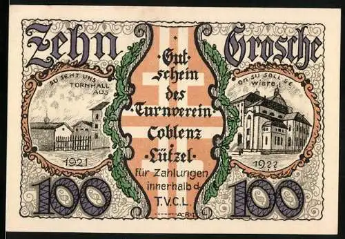 Notgeld Lützel 1921, 100 Pfennig, Gutschein des Turnverein T.V.C. Lützel mit Turnhallendarstellung und Reigen der Turner