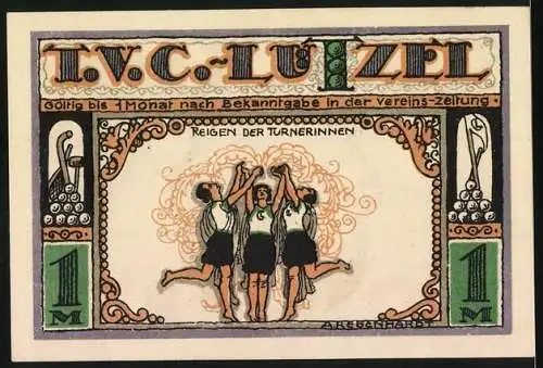 Notgeld Lützel 1921, 100 Pfennig, Gutschein des Turnverein T.V.C. Lützel mit Turnhallendarstellung und Reigen der Turner