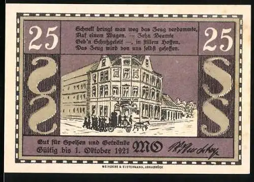 Notgeld Osnabrück 1921, 25 Pfennig, Café Monopol und Gebäudeillustrationen