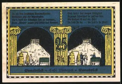 Notgeld Osnabrück 1921, 25 Pfennig, Café Monopol und Gebäudeillustrationen