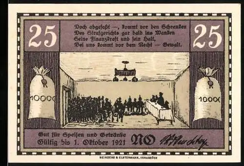 Notgeld Osnabrück, 1921, 25 Pfennig, Gut für Speisen und Getränke Cafe Monopol, Gerichtsszene und Land