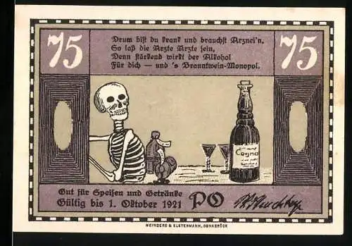 Notgeld Osnabrück 1921, 75 Pfennig, Skelett mit Flasche und Apparate im Café Monopol