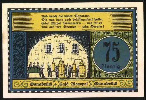 Notgeld Osnabrück 1921, 75 Pfennig, Skelett mit Flasche und Apparate im Café Monopol