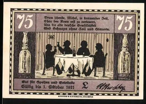 Notgeld Osnabrück 1921, 75 Pfennig, Cafe Monopol, Motiv mit Personen am Tisch und Marschierenden