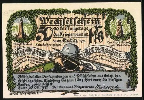 Notgeld Eutin 1921, 50 Pfennig, 50. Stiftungstag des Kriegervereins von Eutin, Kriegerdenkmal und Landschaftsmotiv