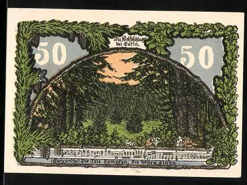 Notgeld Eutin 1921, 50 Pfennig, 50. Stiftungstag des Kriegervereins mit Wolfsschlucht und Musikinstrumenten