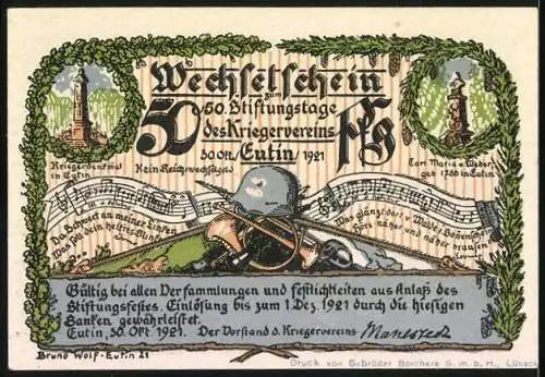 Notgeld Eutin 1921, 50 Pfennig, 50. Stiftungstag des Kriegervereins mit Wolfsschlucht und Musikinstrumenten