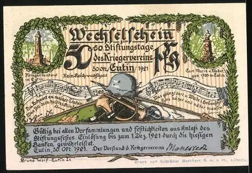 Notgeld Eutin, 1921, 50 Pfennig, 50. Stiftungstag des Kriegervereins mit Musikinstrumenten und Naturmotiv