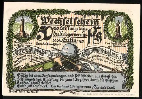 Notgeld Eutin 1921, 50 Pfennig, 50. Stiftungstag des Kriegervereins und Parklandschaft im Pulverbek