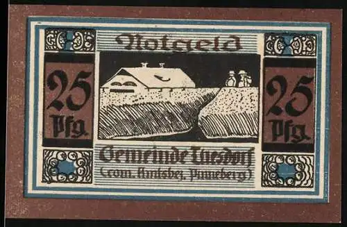 Notgeld Thesdorf 1921, 25 Pf, Gemeinde Thesdorf Pinneberg, Bauernhof und Schrift