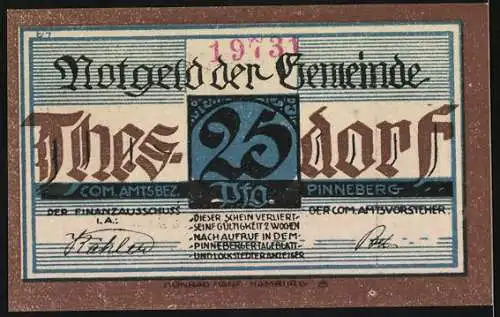 Notgeld Thesdorf 1921, 25 Pf, Gemeinde Thesdorf Pinneberg, Bauernhof und Schrift