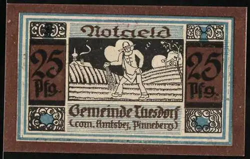 Notgeld Thesdorf, 25 Pfennig, Gemeinde Thesdorf, Com. Amtsbez. Pinneberg, Motiv Bauer auf dem Feld