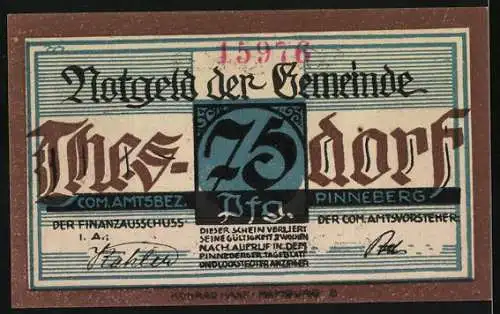 Notgeld Thesdorf, 1921, 75 Pfennig, Mann mit Esel und Windmühle, Gemeinde Thesdorf im Amtsbezirk Pinneberg