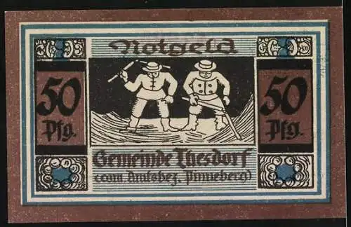 Notgeld Thesdorf, 50 Pfg, Bauern mit Dreschschlegel und Inschrift Gemeinde Uetersdorf zum Amtsbez. Pinneberg