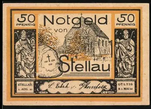 Notgeld Stellau, 1921, 50 Pfennig, Kirche und Ritter Christian von Rantzau Rettung durch Bauern