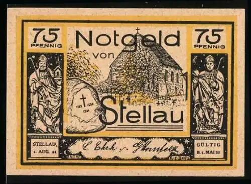 Notgeld Stellau, 1921, 75 Pfennig, Kirche und Schweineschlachtungsszene, beidseitig illustriert