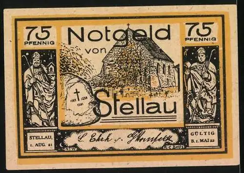 Notgeld Stellau 1921, 75 Pfennig, Kirche mit Teufel und Geistlichen