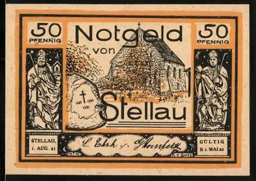 Notgeld Stellau, 1921, 50 Pfennig, Kirche und historische Szene mit Text über die Schlacht bei Stellau