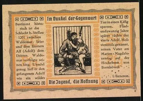 Notgeld Stellau, 1921, 50 Pfennig, Kirche und historische Szene mit Text über die Schlacht bei Stellau