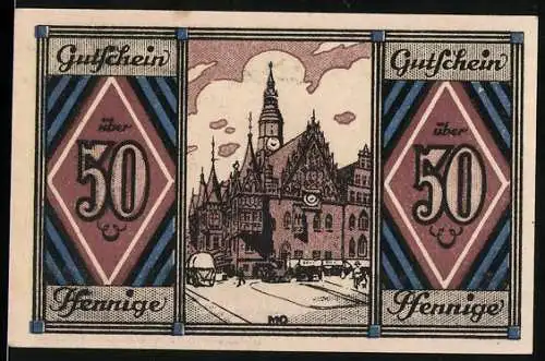 Notgeld Breslau 1921, 50 Pfennig, Lutherfestspiele, Rathaus und Martin Luther Porträt