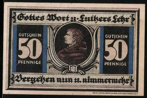 Notgeld Breslau 1921, 50 Pfennig, Gutschein mit Luther-Portrait und Lutherfestspiele