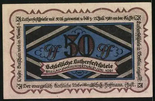 Notgeld Breslau 1921, 50 Pfennig, Gutschein mit Luther-Portrait und Lutherfestspiele