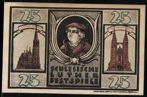 Notgeld Breslau 1921, 25 Pfennig, Schlesische Lutherfestspiele, Luther-Kirche und Maria-Magdalena-Kirche
