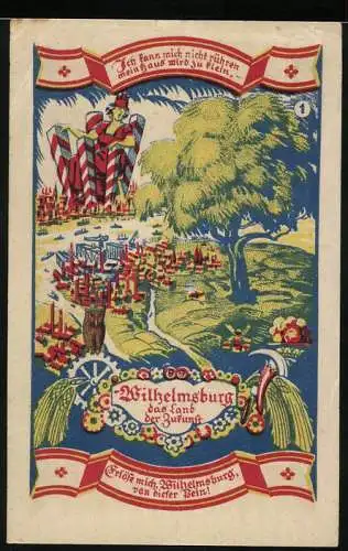 Notgeld Wilhelmsburg, 1921, 50 Pfennig, farbenfrohe Landschaft mit Baum und Stadtansicht, Wappen und Schriftzeichen