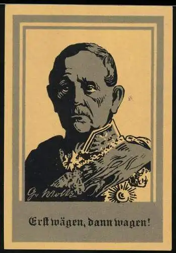 Notgeld Geestemünde 1920, 50 Pfennig, Portrait General Moltke, Erst wägen, dann wagen!, Schiff und Ora et Labora-Banner