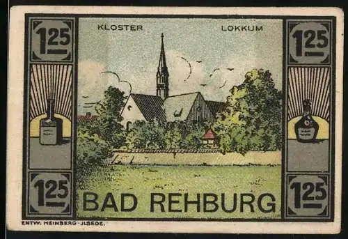 Notgeld Bad Rehburg, 1921, 1,25 Mark, Kloster Lokkum und Werbetext für Likör