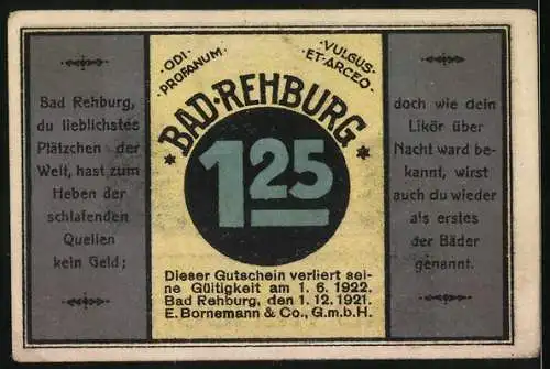 Notgeld Bad Rehburg, 1921, 1,25 Mark, Kloster Lokkum und Werbetext für Likör