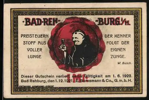 Notgeld Bad Rehburg 1921, 100 Pfg, Gutschein mit Mönch und Landschaftsmotiv