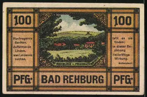 Notgeld Bad Rehburg 1921, 100 Pfg, Gutschein mit Mönch und Landschaftsmotiv