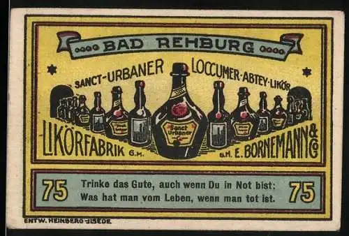 Notgeld Bad Rehburg, 1921, 75 Pfennig, Likörfabrik Sanct-Urbane, Rückseite Strandhotel am Meer