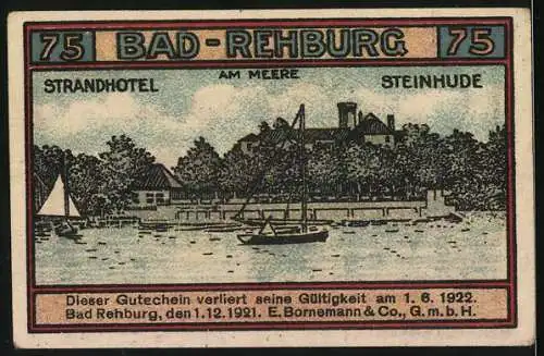 Notgeld Bad Rehburg, 1921, 75 Pfennig, Likörfabrik Sanct-Urbane, Rückseite Strandhotel am Meer