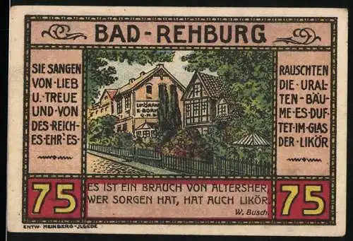 Notgeld Bad Rehburg, 1921, 75 Pfennig, Gebäude und Likörflasche mit Texten