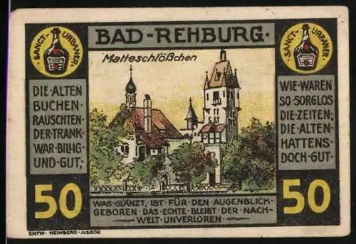 Notgeld Bad Rehburg, 1921, 50 Pfennig, Mattschlösschen mit Sprüchen und Gültigkeitsdatum